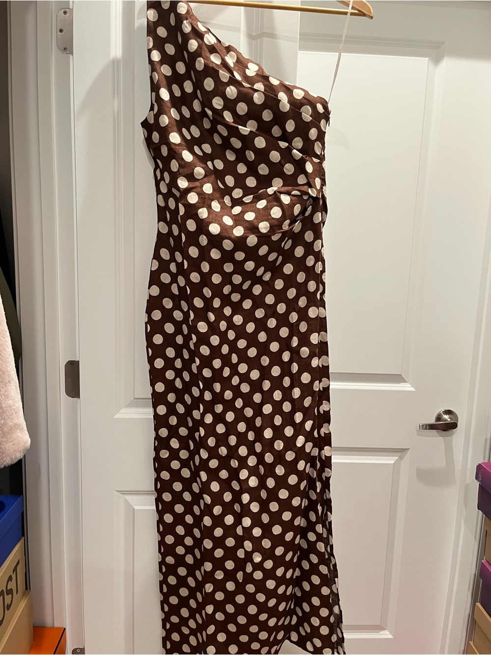 NWT FAITHFULL the Brand Simona One Shoulder Polka Dot Maxi Linen Dress Brown - Picture 5 of 5